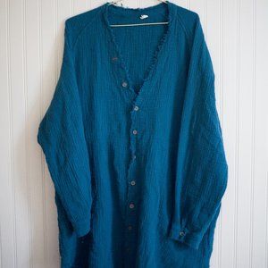 Igenjun long sleeve button down tunic dress pockets blue XL oversized slouchy